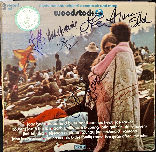 Woodstock Signed Movie Soundtrack with Pete Townshend, Joan Baez, Grace Slick, etc (7 Sigs)(Epperson/REAL)