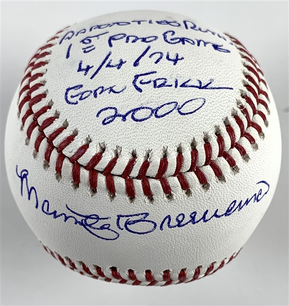 Marty Brennamen Single Signed OML Baseball with "Aaron Tied Ruth - 1st Pro Game - 4/4/74 - Ford Frick 2000" Inscription (JSA)
