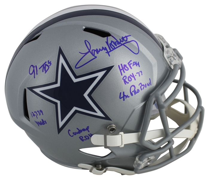 Tony Dorsett Signed Cowboys Full Size Replica Speed Helmet with 6 Handwritten Career Stats! (Beckett/BAS)