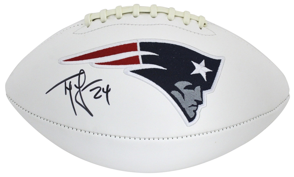 Ty Law Signed New England Patriots White Panel Logo Model Football (Beckett/BAS)