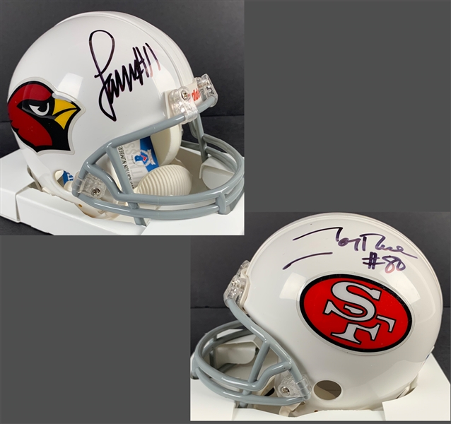 WR GOATS: Jerry Rice & Larry Fitzgerald One-of-a-Kind Signed Custom Cardinals/49ers Dual Mini Helmet (Beckett/BAS)