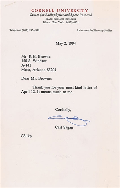 Carl Segan Near-Mint Signed 1994 Cornell University Letter (Beckett/BAS)