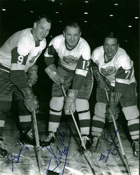The Production Line: Gordie Howe, Sid Abei & Ted Lindsay Signed 11" x 14" Photograph (Beckett/BAS)