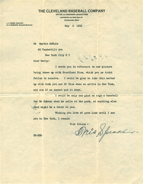Tris Speaker Signed 1921 Typed Letter (JSA)