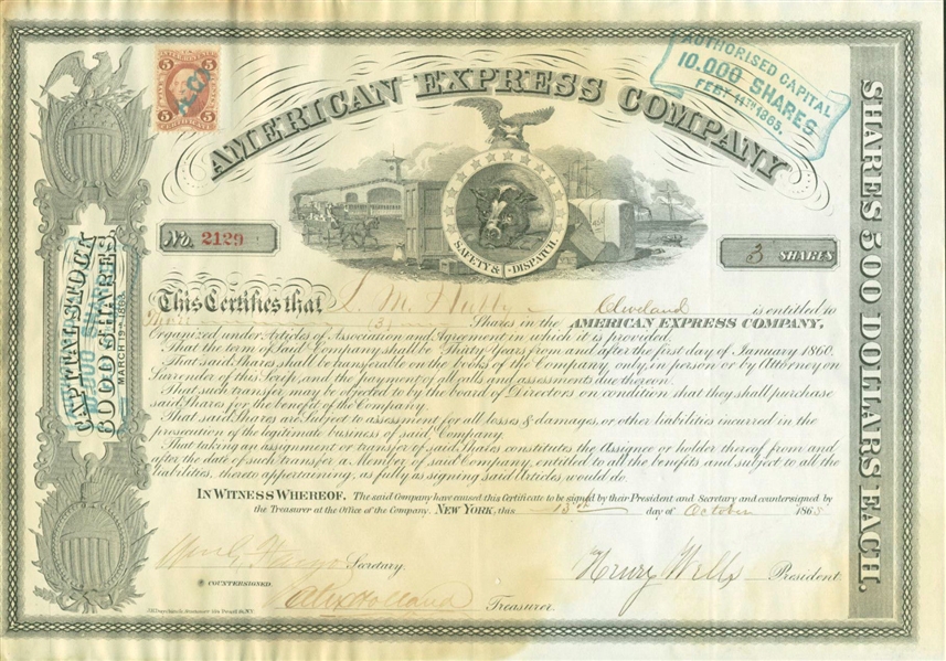 Henry Wells & William G. Fargo Signed 1865 Stock Certificate (PSA/DNA)