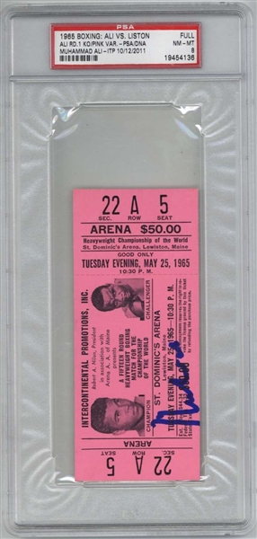 Muhammad Ali Signed 1965 vs. Sonny Liston Original Full Fight Ticket - PSA Graded NM-MT 8