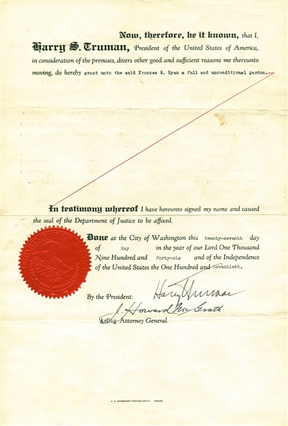 Harry Truman Rare Signed 9" x 14" Presidential Pardon Document (Beckett/BAS Guaranteed)