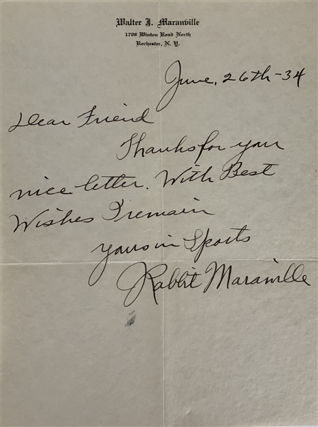Rabbit Maranville Signed & Handwritten 6" x 8" Letter (JSA)