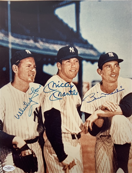 Mickey Mantle, Billy Martin & Whitey Ford Signed 11" x 14" Photograph (JSA)