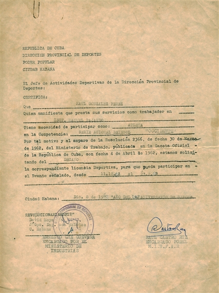 Che Guevara Signed 8" x 10" Cuban Document (Beckett/BAS Guaranteed)