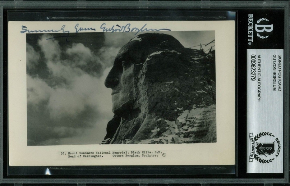 Mt. Rushmore: Gutzon Borglum Signed & Inscribed 3.5" x 5.5" Photo Postcard (BAS/Beckett Encapsulated)