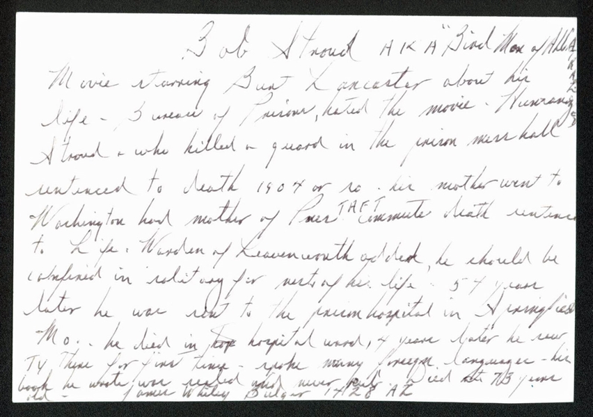 Whitey Bulger Signed 3.5" x 5.25" Handwritten Postcard w/ Birdman of Alcatraz Content! (JSA)