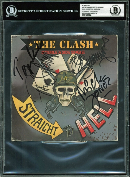 The Clash ULTRA-RARE Band Signed "Straight to Hell" 45 RPM Album Cover w/ All 4 Sigs! (Beckett/BAS Graded NM-MT 8)