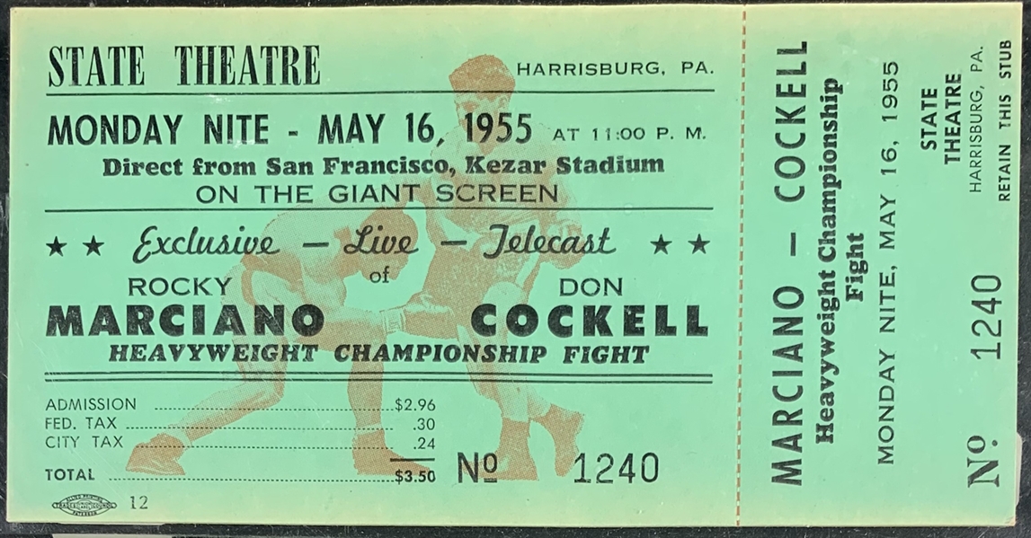 Rocky Marciano vs. Don Cockell 1955 Off-Site Telecast Original Full Ticket (Harrisburg, PA)