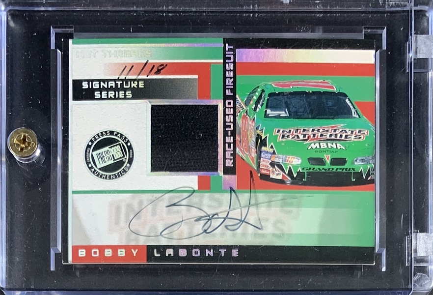 Bobby Labonte Signed 2002 Press Pass Hot Threads Signature Series Insert Card with Auto and Race Worn Firesuit Segment
