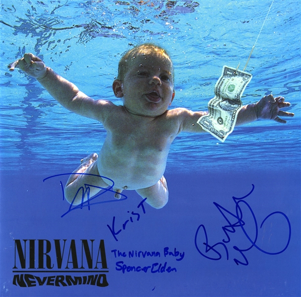Nirvana: Krist Novoselic, Dave Grohl, Butch Vig & Spencer Elden Signed "Nevermind" Album Cover (REAL/Epperson)