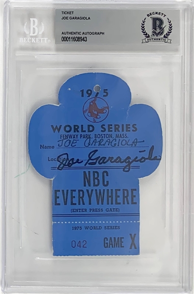 Joe Garagiola Signed Personal 1975 World Series Press Pass (Beckett/BAS Encapsulated)