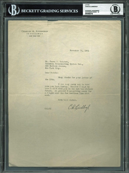 Charles Lindbergh Terrific Signed Typed November 1931 Letter on Personal Letterhead - BAS/Beckett Graded GEM MINT 10!