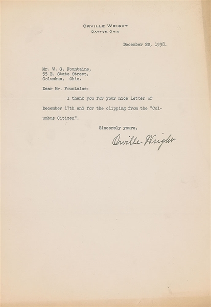 Orville Wright Near-Mint Signed 1938 Typed Letter (Beckett/BAS)