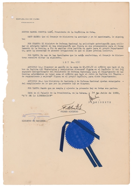 Fidel Castro Signed 1959 Cuban Document (Beckett/BAS Guaranteed)