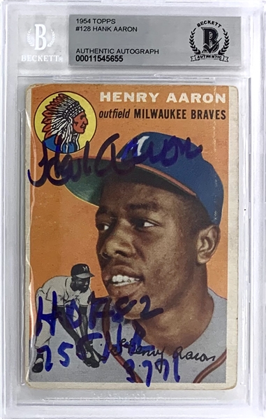 Hank Aaron Signed 1954 Topps Rookie Card with 3 Handwritten Stats - Beckett/BGS Graded GEM MINT 10 Autograph!