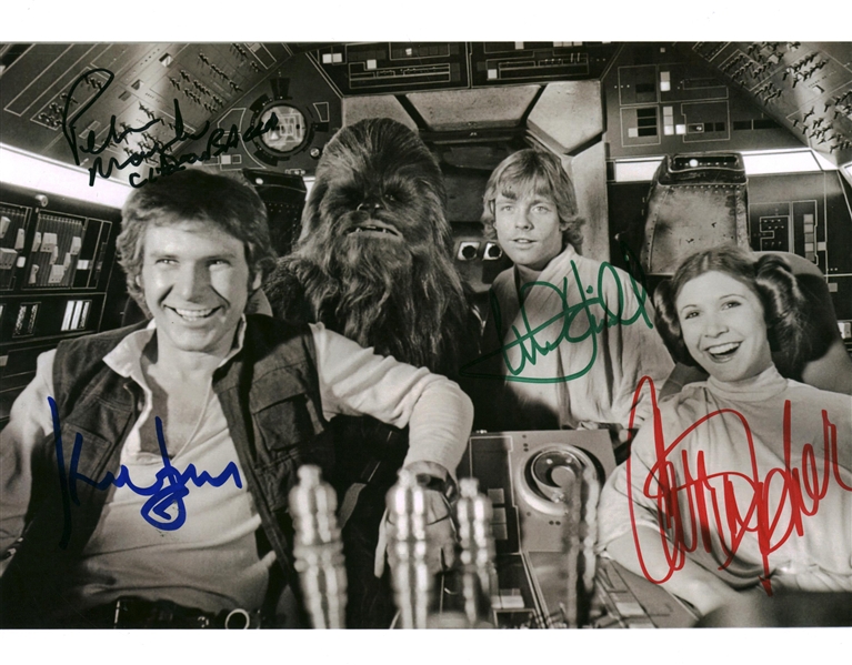 Harrison Ford, Carrie Fisher, Mark Hamill & Peter Mayhew Signed 8" x 10" Cockpit Photograph (Beckett/BAS Guaranteed)