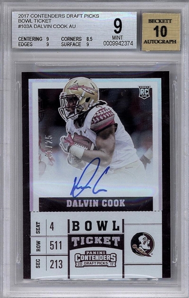 Dalvin Cook Signed 2017 Contenders Draft Picks Bowl Ticket BGS 9 w/ 10 Auto!