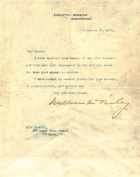 President William McKinley Signed 1900 White House Letter (Beckett/BAS)