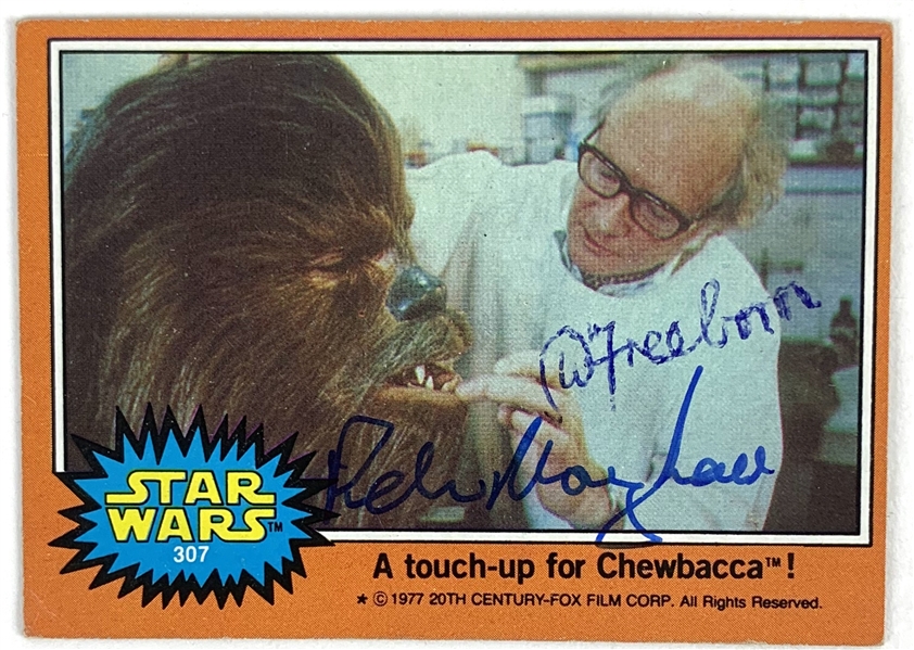 Peter Mayhew & Stuart Freeborn Dual Signed 1977 Topps Star Wars Trading Card #307 (Beckett/BAS Guaranteed)(Steve Grad Collection)