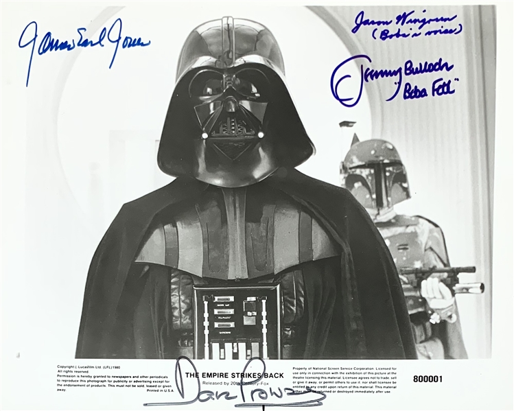 Darth Vader & Boba Fett Multi-Signed 8" x 10" B&W Press Kit Photograph from "ESB" with Jones, Prowse, Bulloch & Wingreen (Beckett/BAS Guaranteed)(Steve Grad Collection)