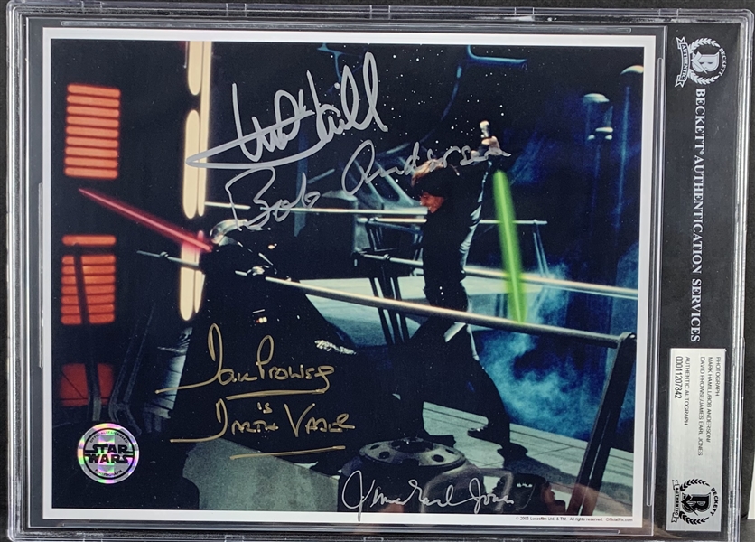 Return of the Jedi: The Final Battle 8" x 10" Color Photo Signed by Hamill, Jones, Anderson & Prowse! (Beckett/BAS Encapsulated)(Steve Grad Collection)