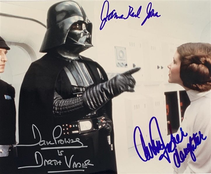 ANH: Carrie Fisher, James Earl Jones & David Prowse Signed 8" x 10" Photo with Unique Fisher Inscription! (Steve Grad Collection)