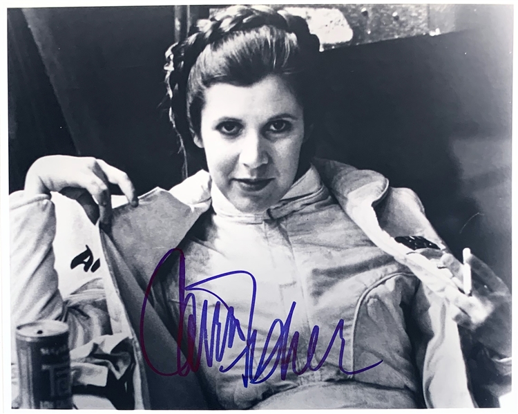 Carrie Fisher Signed Rare "Behind The Scenes" 8x10 B&W Photo (Beckett/BAS Guaranteed)(Steve Grad Collection)