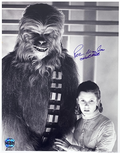 Peter Mayhew Signed 11" x 14" B&W Photo (w/Carrie Fisher)(Official Pix)(Beckett/BAS Guaranteed)(Steve Grad Collection)