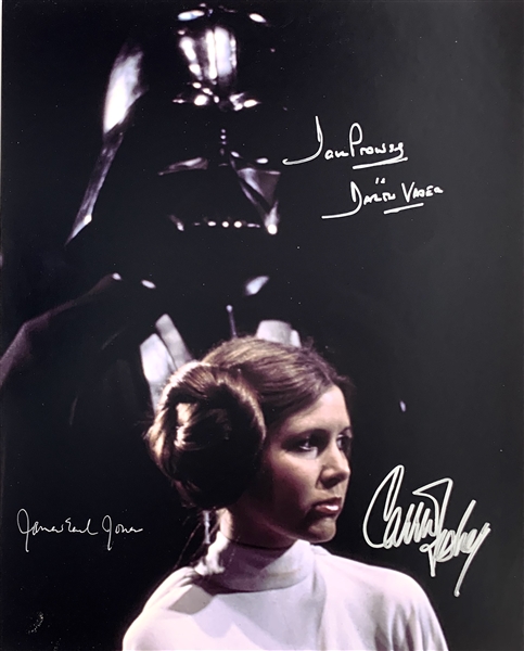 ANH: Carrie Fisher, David Prowse & James Earl Jones Signed 11" x 14" Color Photo (Beckett/BAS LOA)