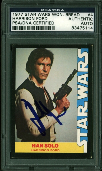 Harrison Ford Signed Topps 1977 Star Wars Wonder Bread Trading Card #4 (PSA/DNA Encapsulated)
