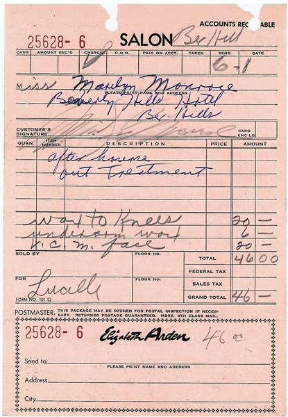 Marilyn Monroe Rare Signed Salon Waxing Treatment Receipt (Beckett/BAS)