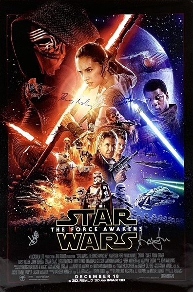 Star Wars: The Force Awakens Cast-Signed 27" x 41" Full Sized Movie Poster w/Ford, Ridley, Fisher, & More! (Official Pix & Beckett/BAS)
