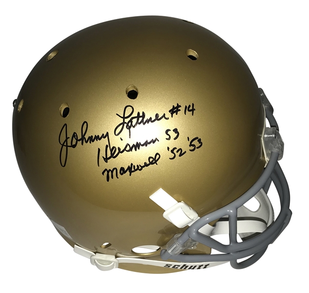 Johnny Lattner Signed Notre Dame Full Size Replica Helmet (JSA)