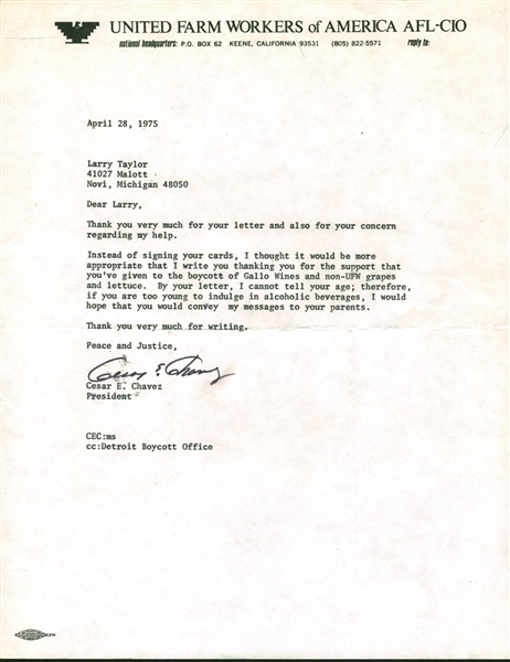 Cesar Chavez Signed 8.5" x 11"Typed 1975 Letter (Beckett/BAS)