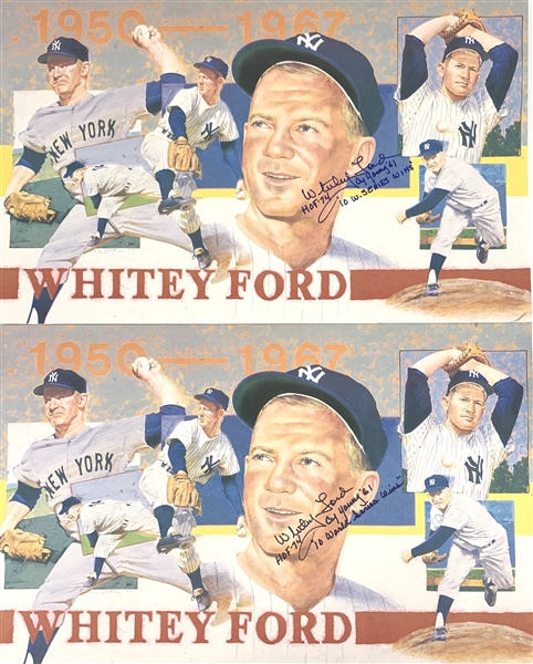 Whitey Ford: Lot of Two (2) 13.5" x 21.75" Signed Prints with 3 Handwritten Career Stats! (Beckett/BAS Guaranteed)