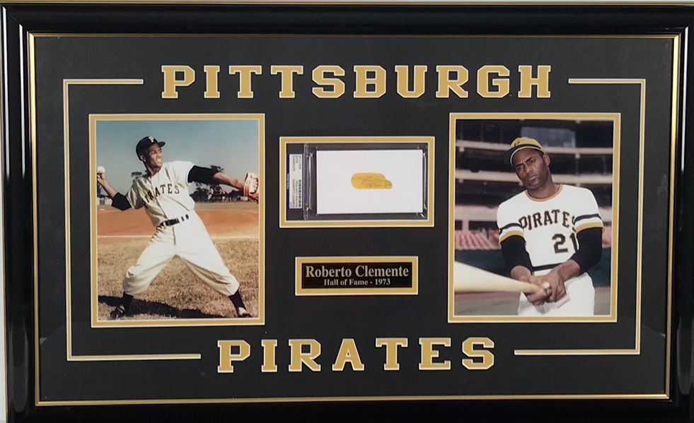 Roberto Clemente Signed 1" x 2" Album Page Framed Display (PSA/DNA)
