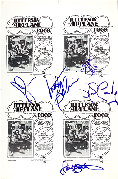 Jefferson Airplane Desirable Full Band Signed Uncut Handbill Sheet (9/7/1972 Concert :: San Diego, CA) (Beckett/BAS)