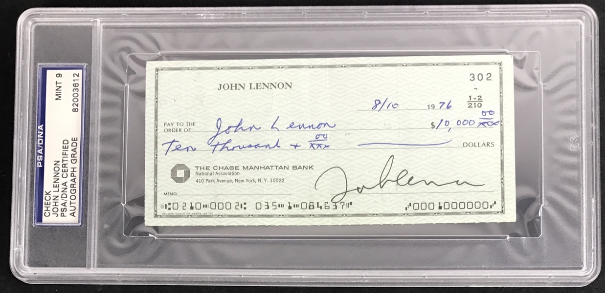 The Beatles: The Only Known John Lennon Signed Personal Check - PSA/DNA Graded MINT 9