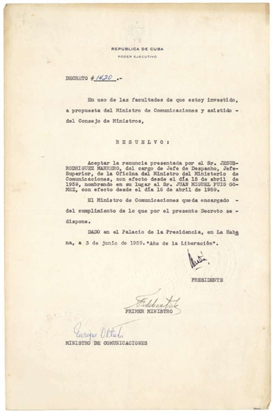 Fidel Castro Vintage Signed 1959 Cuban Document (Beckett/BAS)