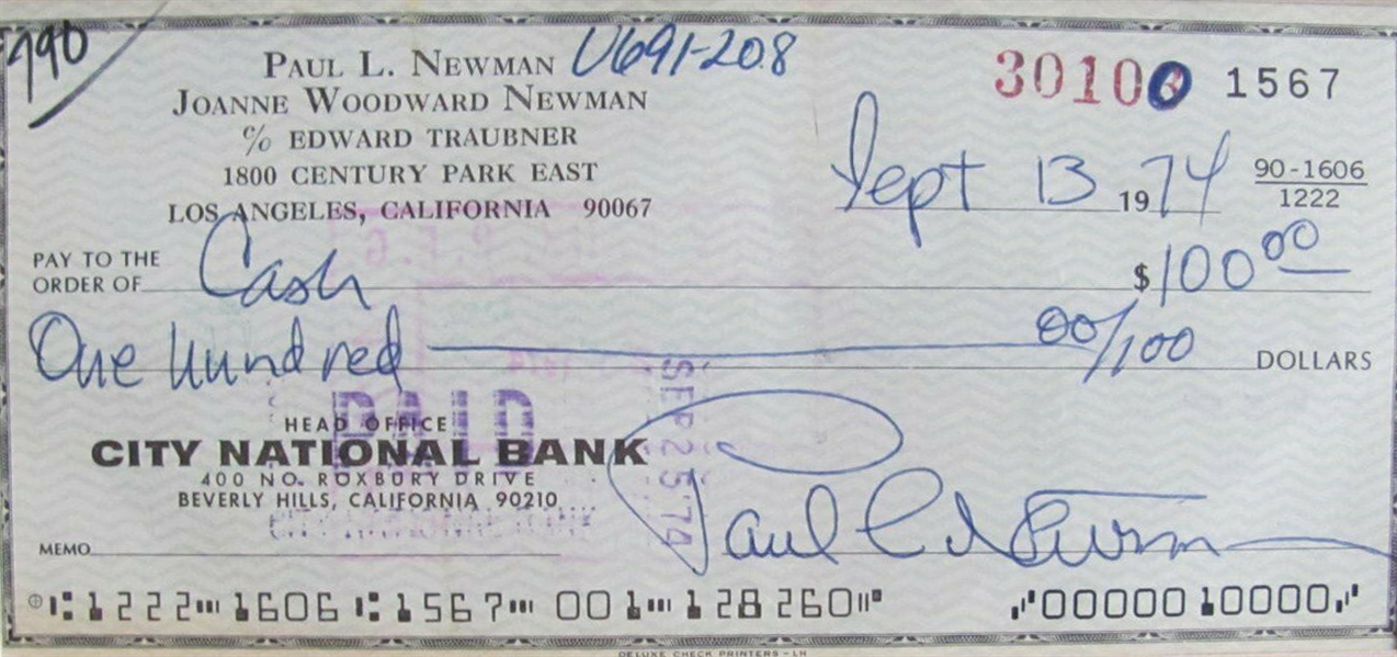 Paul Newman Signed Handwritten 1974 Bank Check (Beckett/BAS Guaranteed)