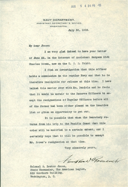 President Franklin D. Roosevelt Signed Letter as Asst. Sec. of Navy (WWI-1919) (Beckett/BAS Guaranteed)
