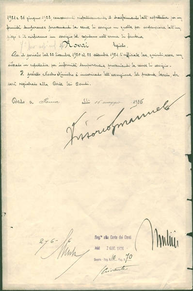 Benito Mussolini & Victor Emanuele Signed 1926 Document (Beckett/BAS Guaranteed)