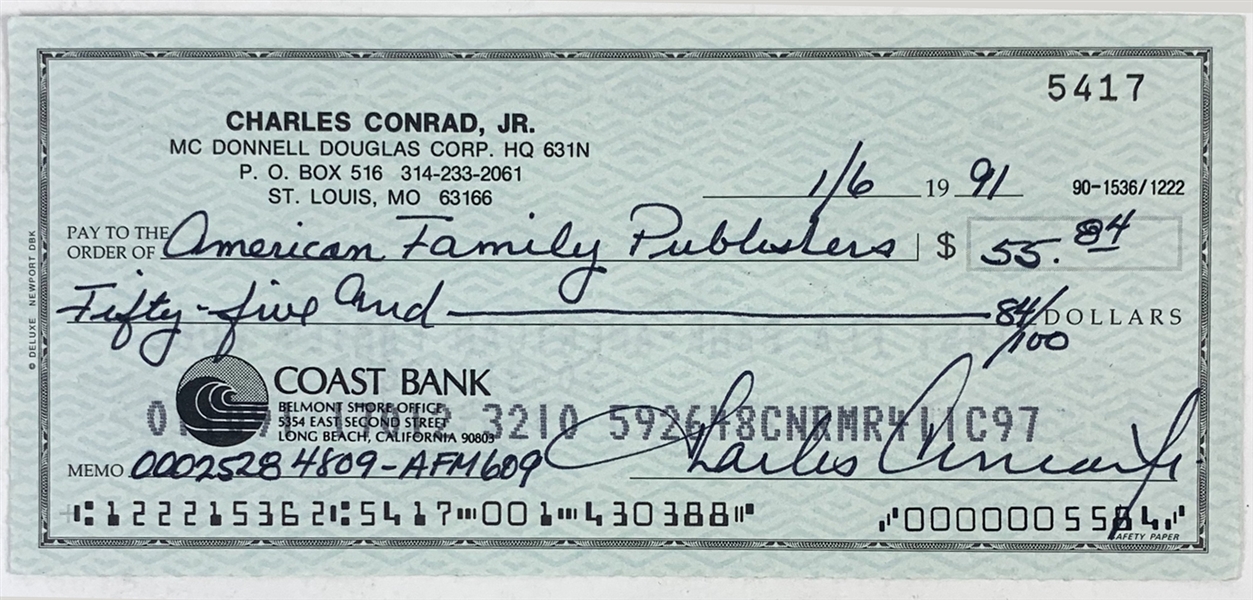 Apollo 12: Charles "Pete" Conrad Handwritten & Signed Personal Bank Check (Beckett/BAS Guaranteed)