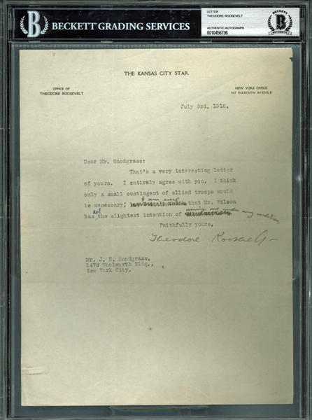 Theodore Roosevelt Typed & Signed 1918 Letter w/ WWI Content (Beckett/BAS Encapsulated)